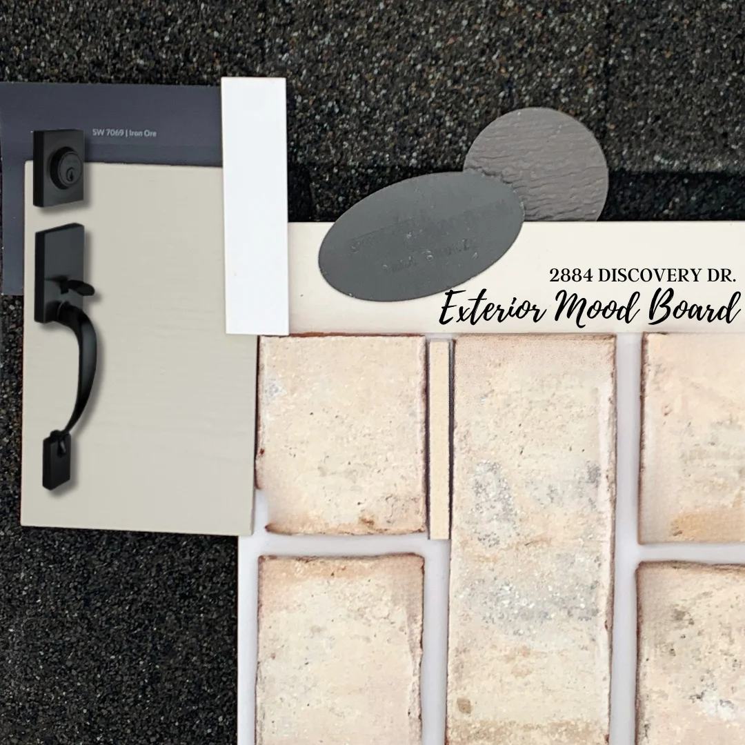 Exterior mood board featuring neutral bricks, gray swatches, a black door handle, and Pratt Home Builders details in Chattanooga TN.