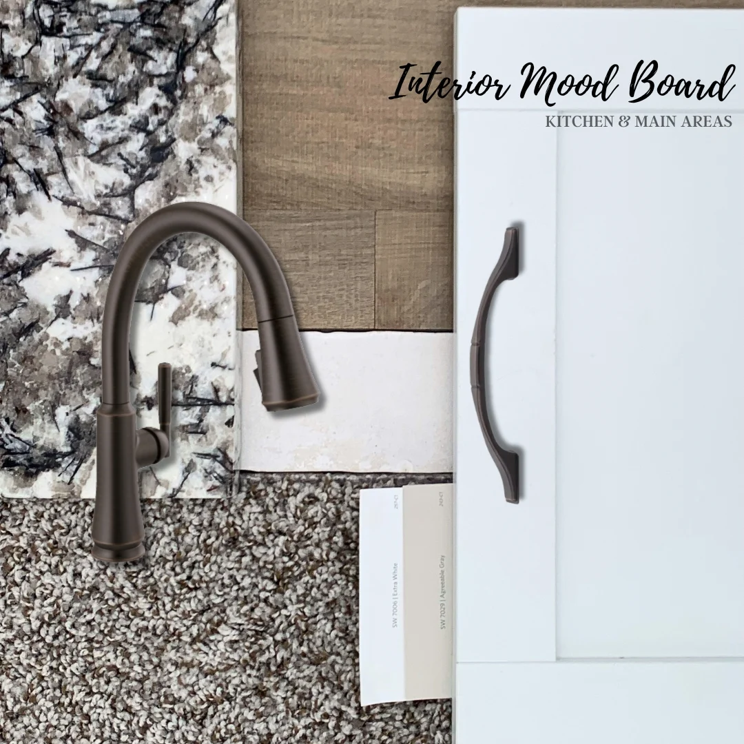 Interior mood board for kitchen featuring dark faucet, white cabinet with handle, textured carpet, and patterned surfaces by Pratt Home Builders in Ch