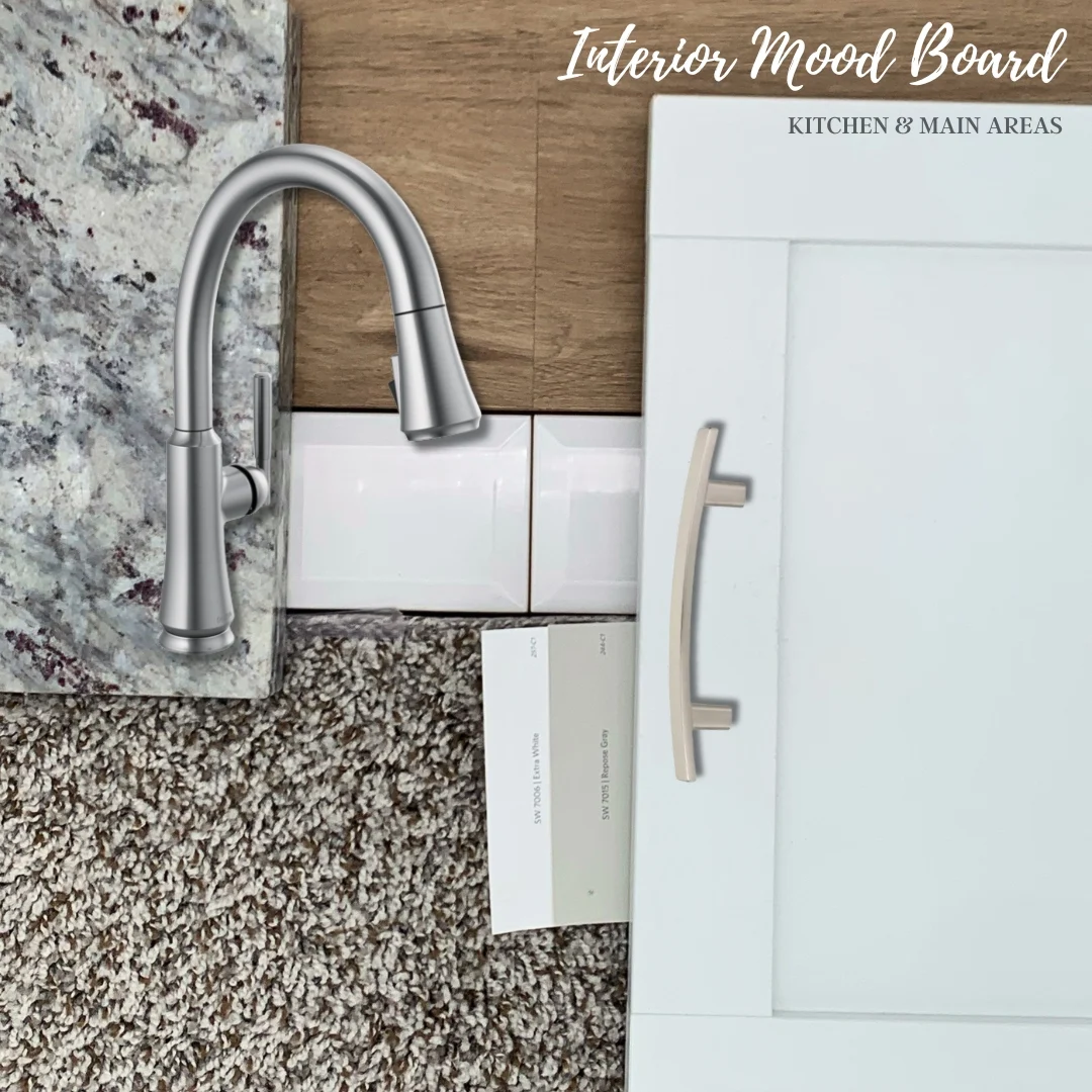Interior mood board featuring kitchen designs by Pratt Home Builders in Chattanooga TN, with granite, wood, tile, carpet, and cabinetry elements.