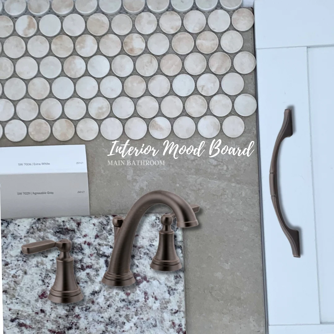 Bathroom mood board with bronze faucet, handle, circular tiles, and granite; design by Pratt Home Builders in Chattanooga TN.