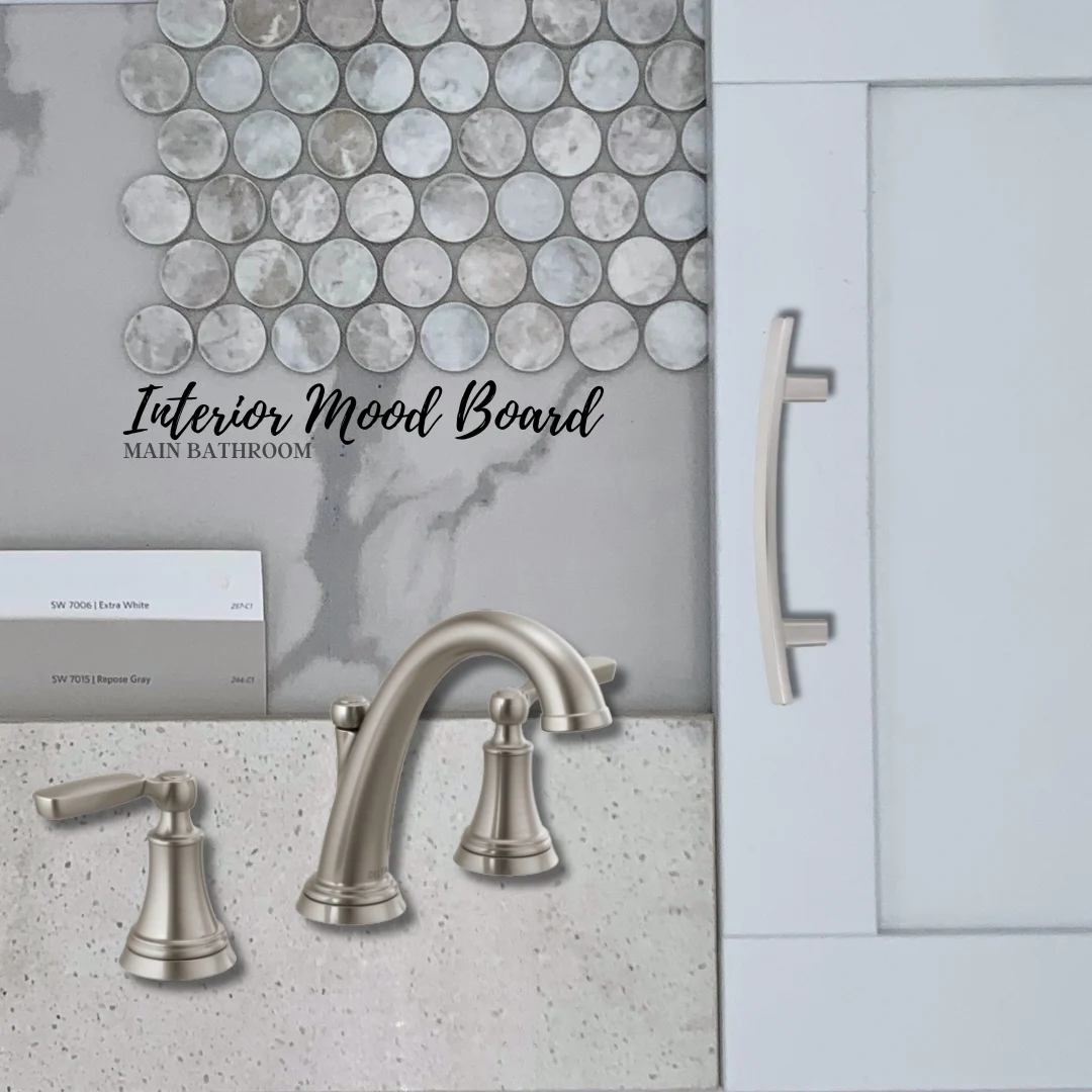 Bathroom mood board featuring round marble tiles, silver faucet, and cabinet handle. Scheme by Pratt Home Builders in Chattanooga TN.