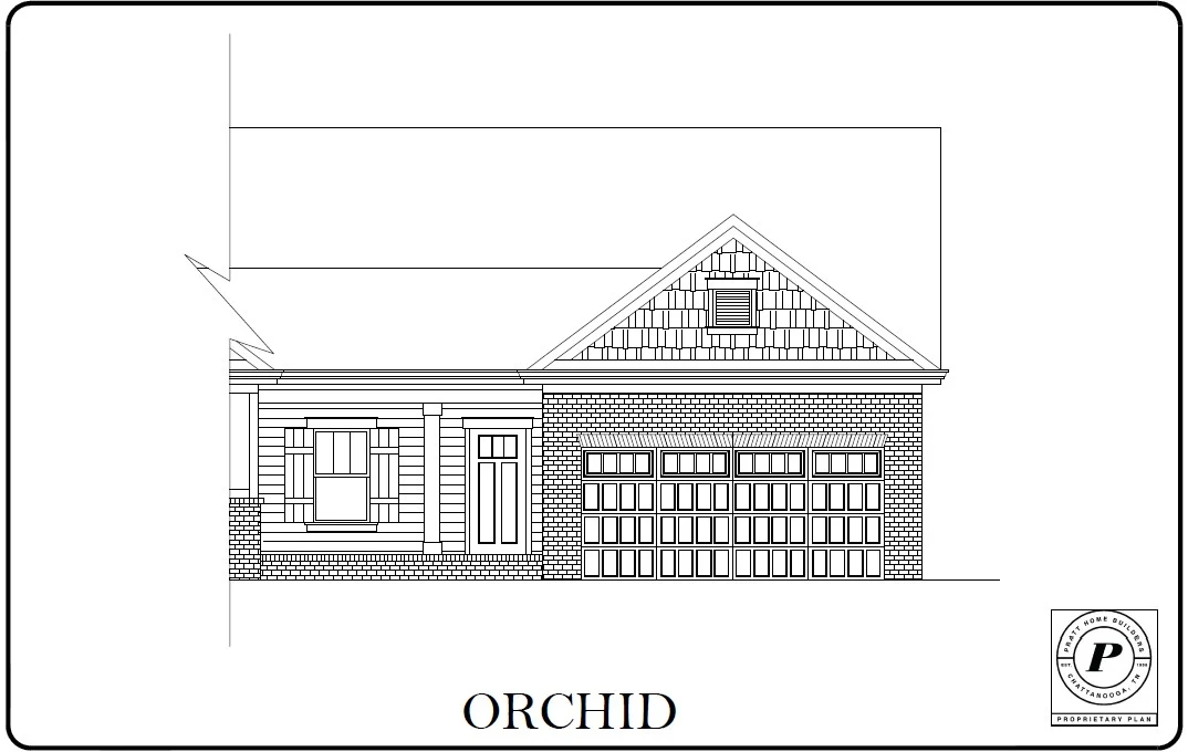 Orchid home design plan by Pratt Home Builders in Chattanooga TN, featuring a brick facade, gabled roof, and two-car garage.