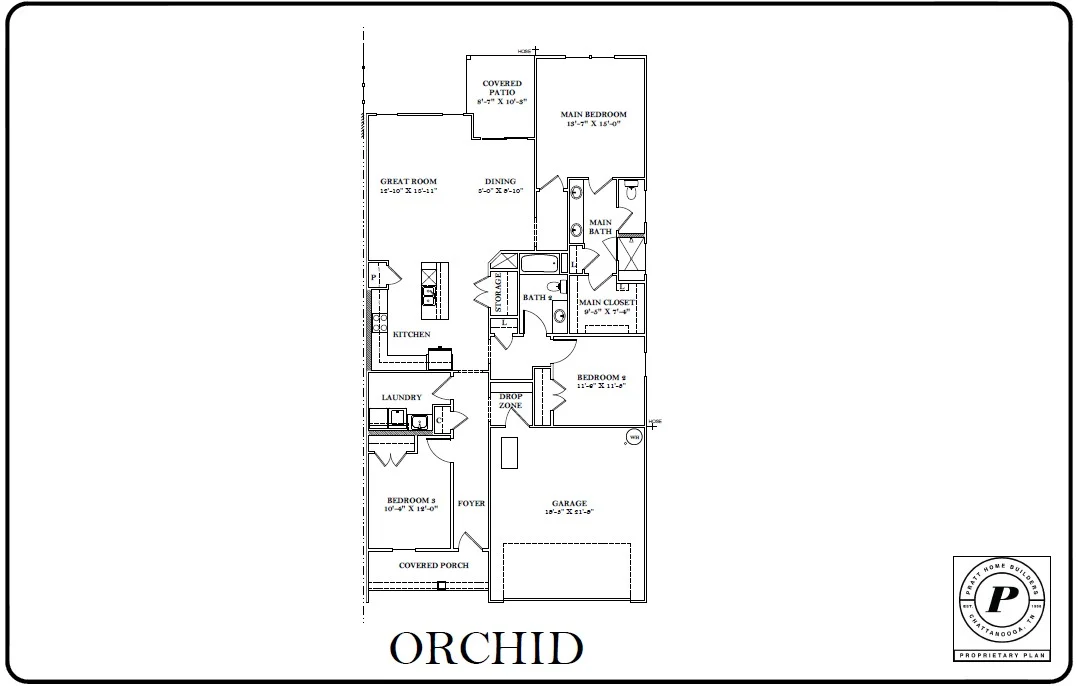 Floor plan labeled Orchid by Pratt Home Builders in Chattanooga TN, featuring three bedrooms, two baths, kitchen, great room, and garage.