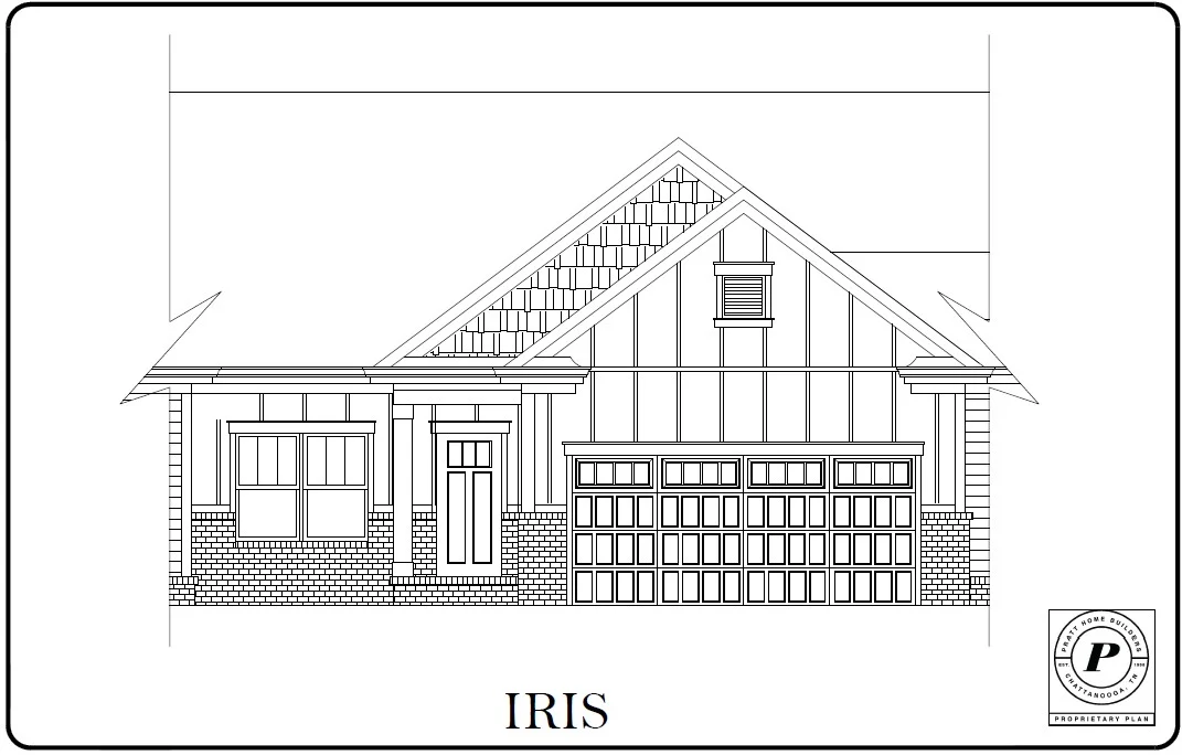 Iris home design blueprint by Pratt Home Builders in Chattanooga TN, featuring a gabled roof and single-story layout with garage."
