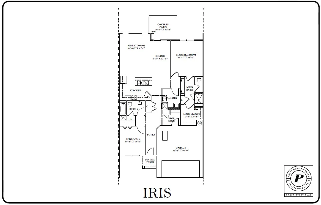Floor plan of the Iris model by Pratt Home Builders in Chattanooga TN, featuring two bedrooms, great room, dining area, and patio.