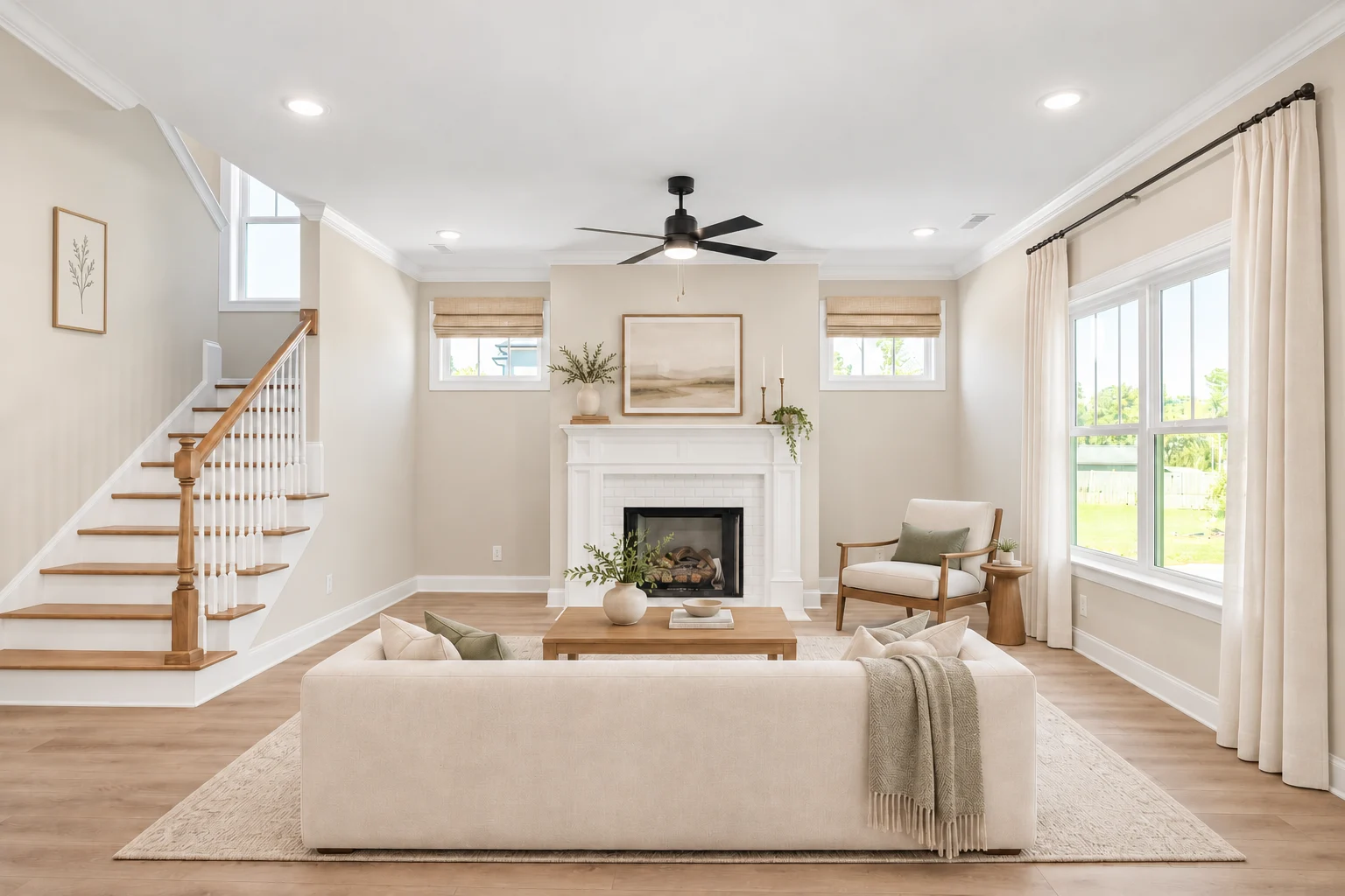 Bright living room with beige walls, elegant decor, and a cozy fireplace by Pratt Home Builders in Chattanooga TN.