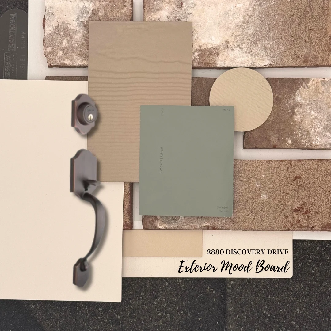 Exterior mood board for 2880 Discovery Drive with color swatches, textures, and door handle. Pratt Home Builders in Chattanooga TN.