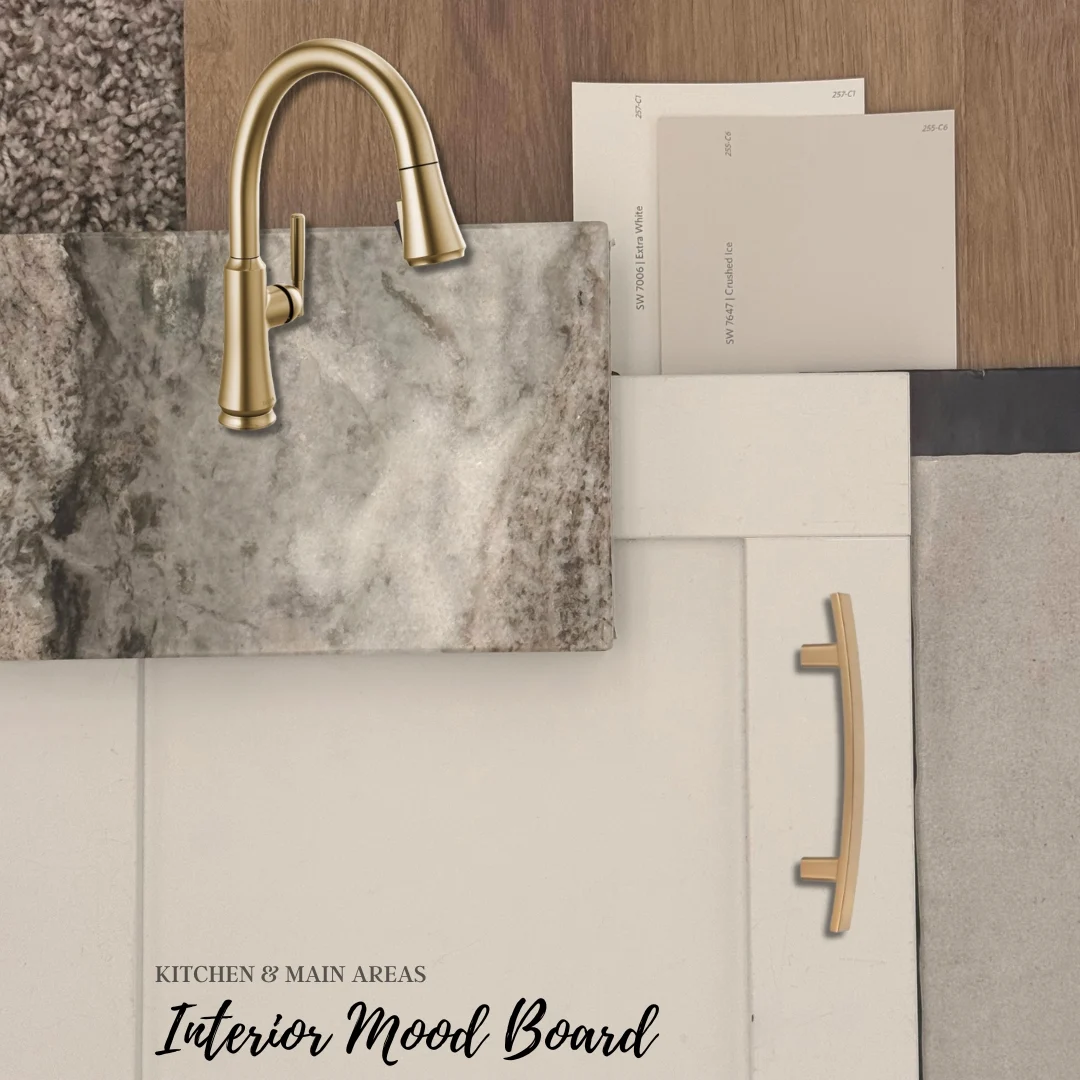 Interior mood board with marble, wood, brass faucet, cabinet handle, and tile samples by Pratt Home Builders in Chattanooga TN.