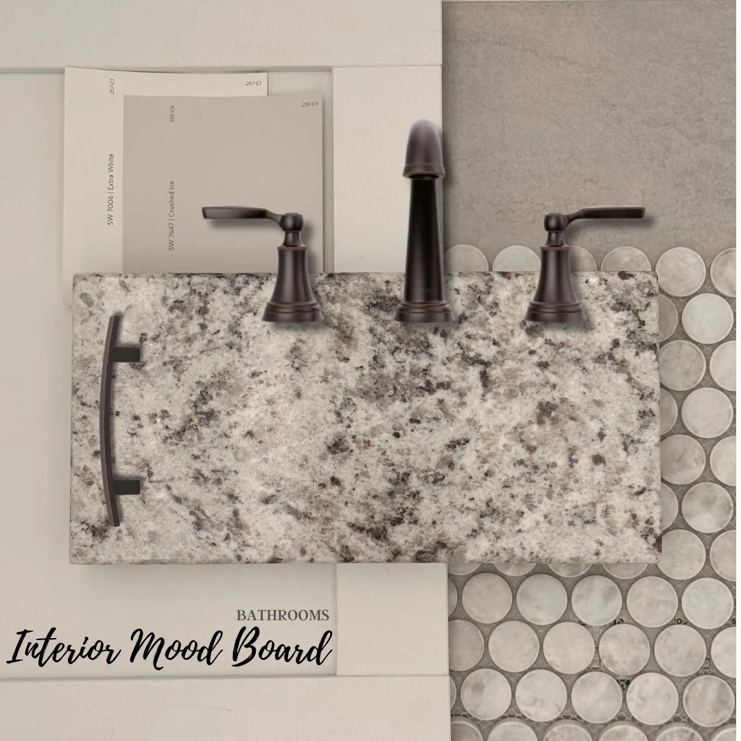 Granite countertop, bronze faucet, round tile samples, and paint swatches on bathroom mood board by Pratt Home Builders in Chattanooga TN.