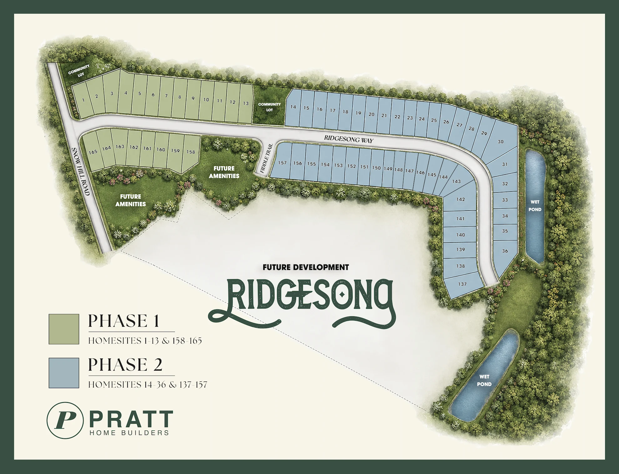 Site plan for Ridgesong development by Pratt Home Builders in Chattanooga TN. Two phases, homesites 1-165, future amenities, wet pond.