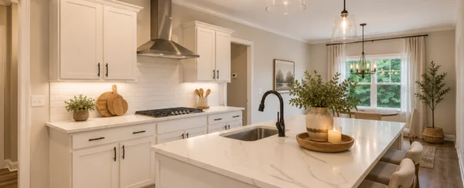 Modern kitchen with white cabinets and island, pendant lights, and wood accents, by Pratt Home Builders in Chattanooga TN.