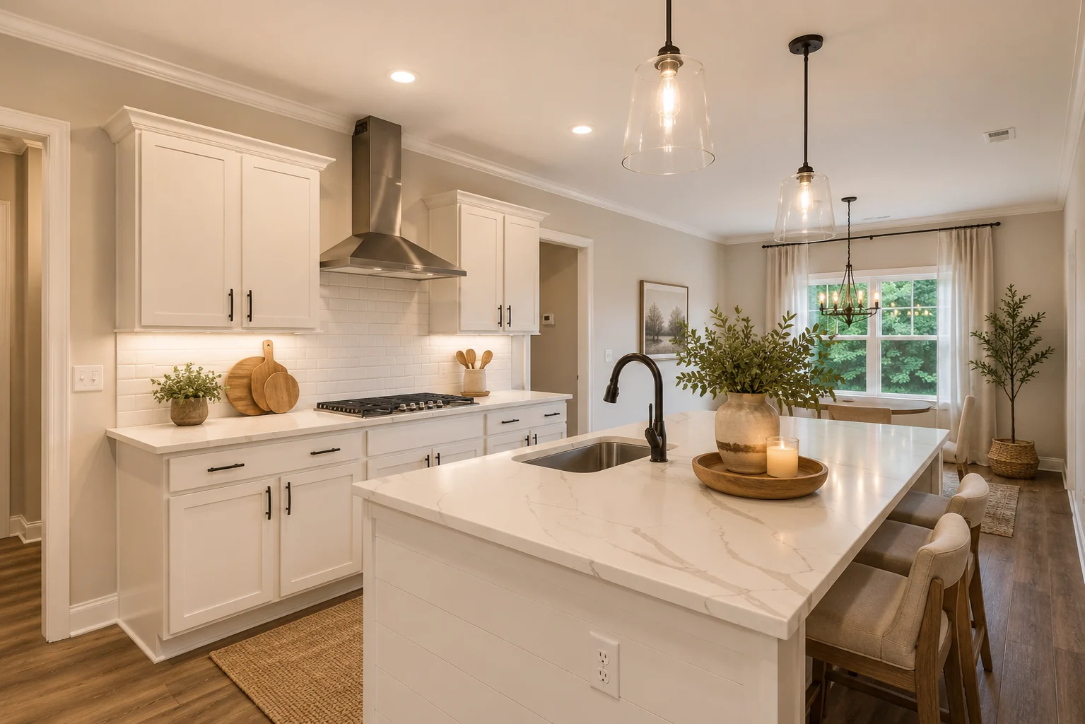 Modern kitchen with white cabinets and island, pendant lights, and wood accents, by Pratt Home Builders in Chattanooga TN.