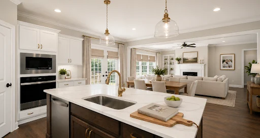 Modern open-plan kitchen and living area with white cabinets, island, gold fixtures, and cozy seating by Pratt Home Builders in Chattanooga TN.
