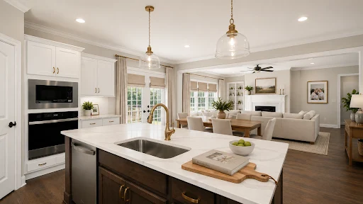 unnamed Modern open-plan kitchen and living area with white cabinets, island, gold fixtures, and cozy seating by Pratt Home Builders in Chattanooga TN.