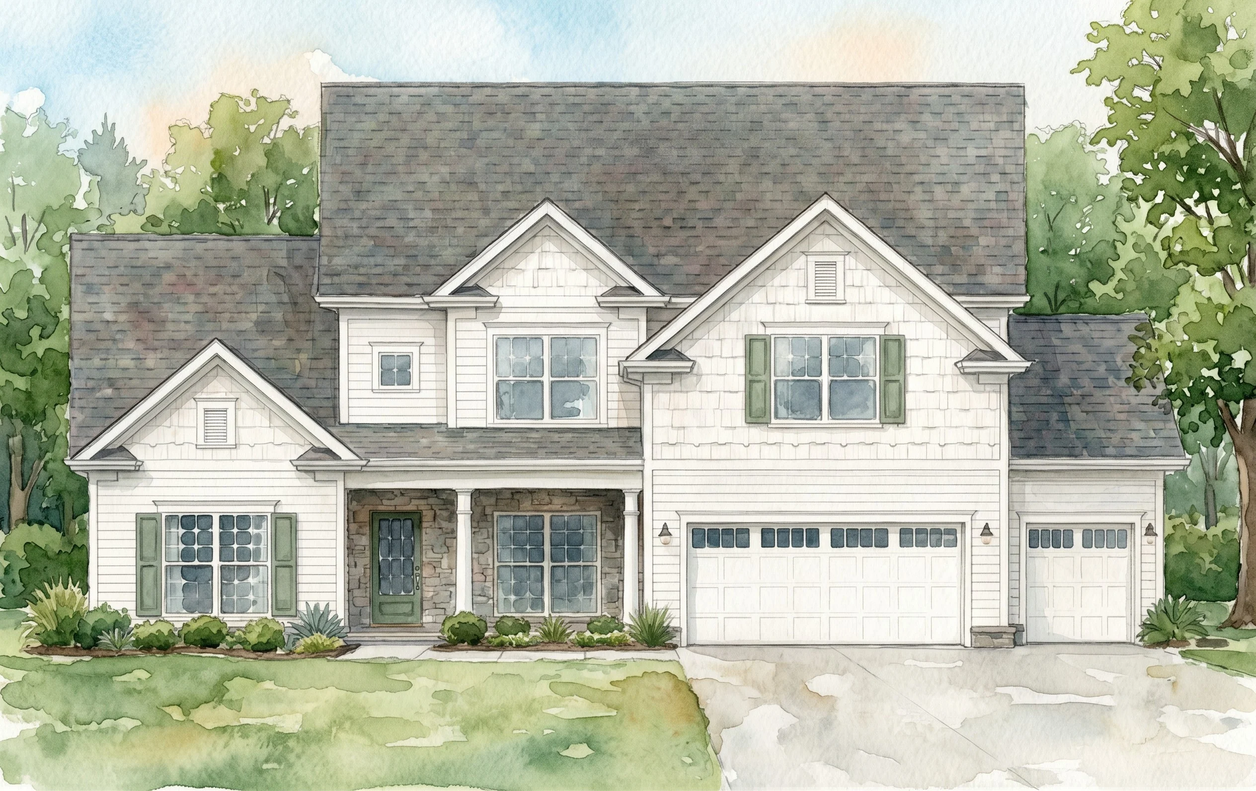 Azalea-hall-floor-plan-front-exterior-home-for-sale-soddy-daisy Stylish two-story, white house with green shutters and a three-car garage. Built by Pratt Home Builders in Chattanooga TN, surrounded by trees.