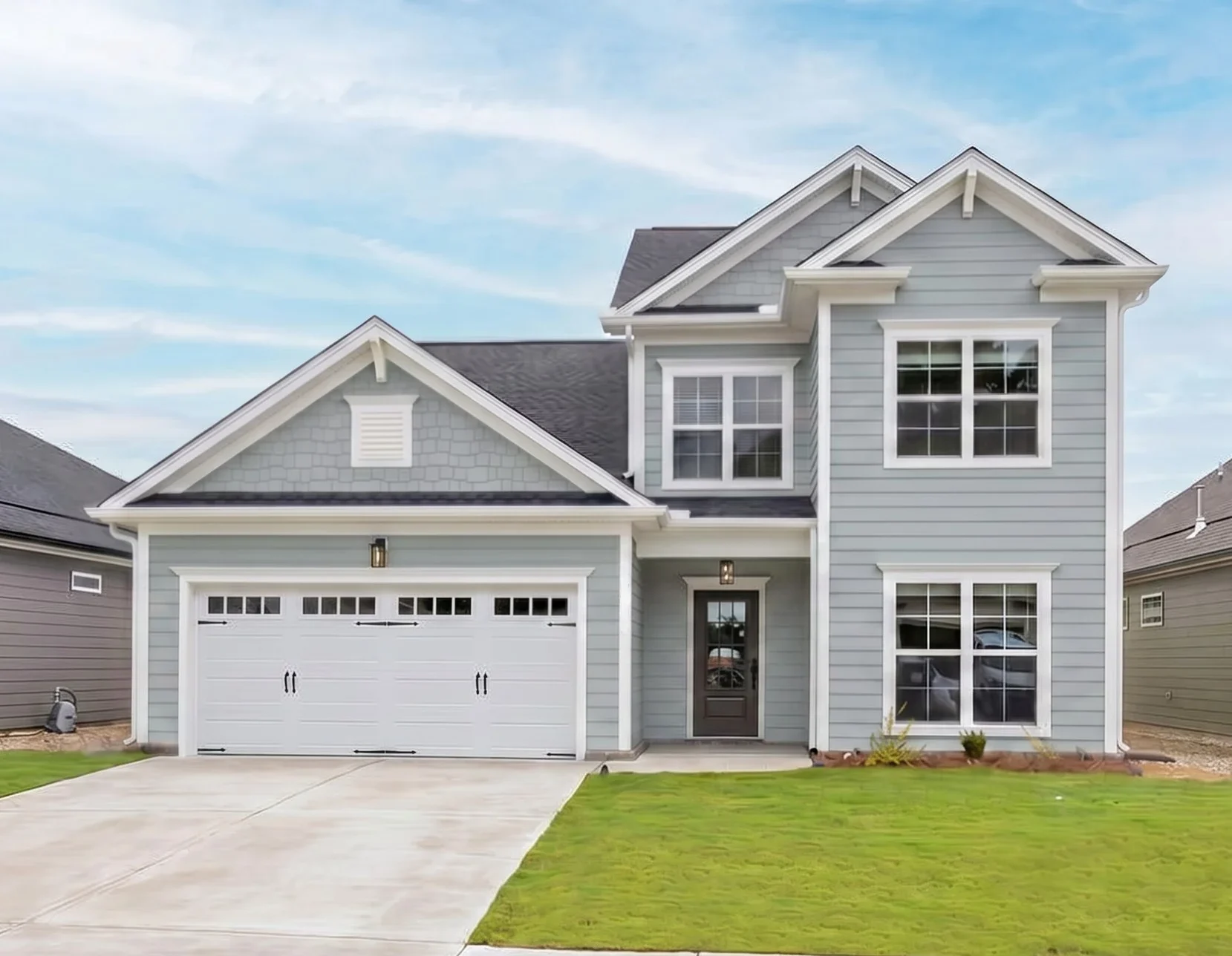 Two-story light blue house with white trim, large garage, and neat lawn under a clear sky by Pratt Home Builders in Chattanooga TN.