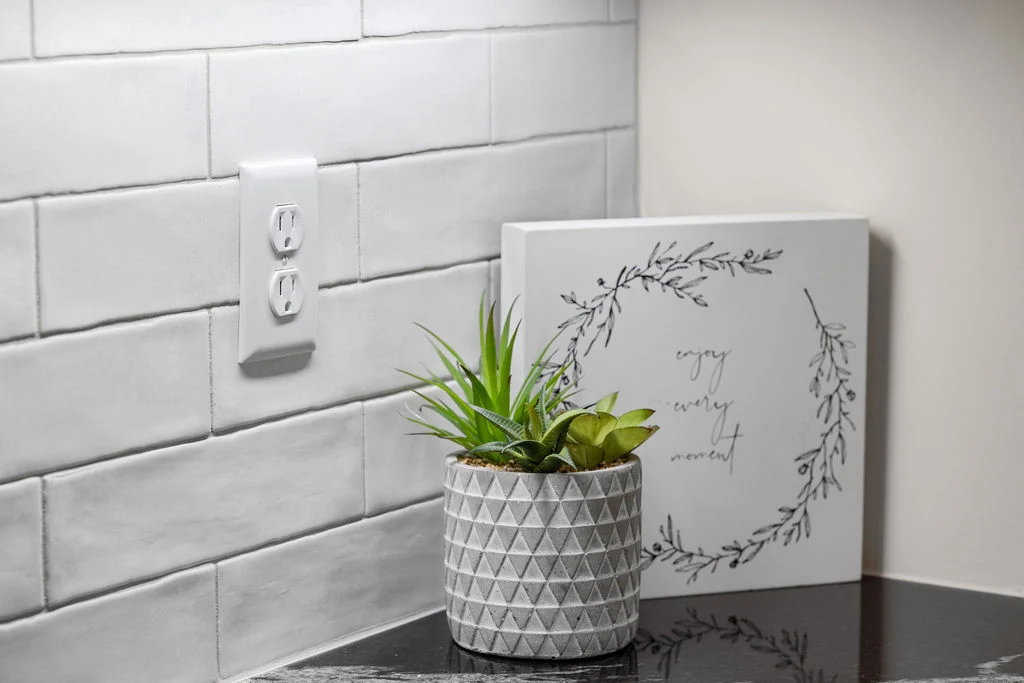 Potted succulents on a black counter with white tiled backsplash and wall art, by Pratt Home Builders in Chattanooga TN.
