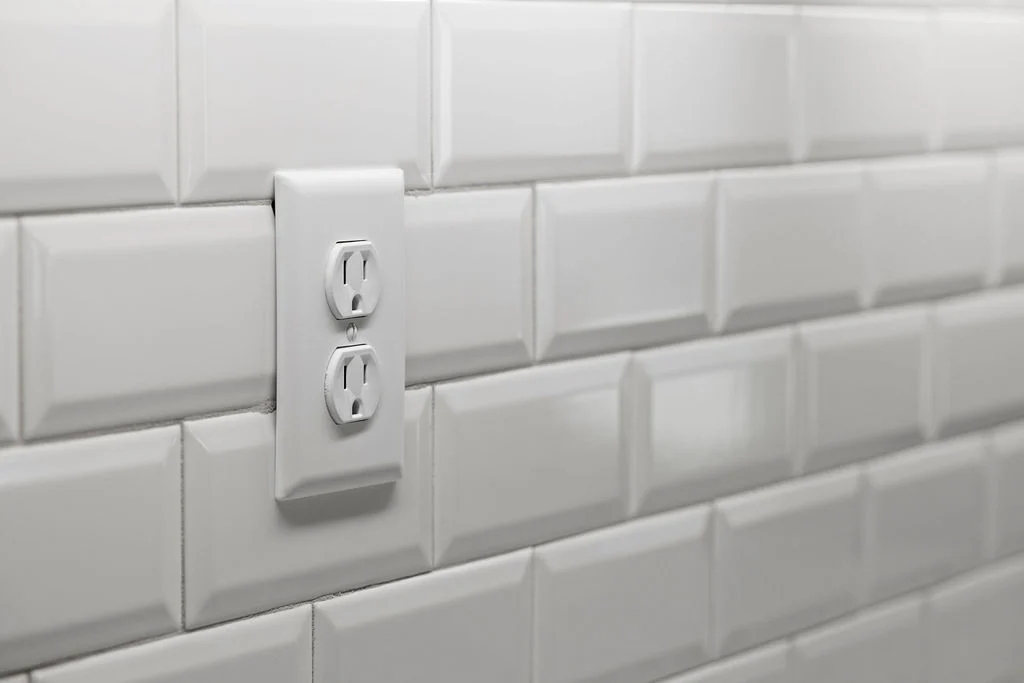 White electrical outlet on glossy white subway tile wall, showcasing Pratt Home Builders in Chattanooga TN.