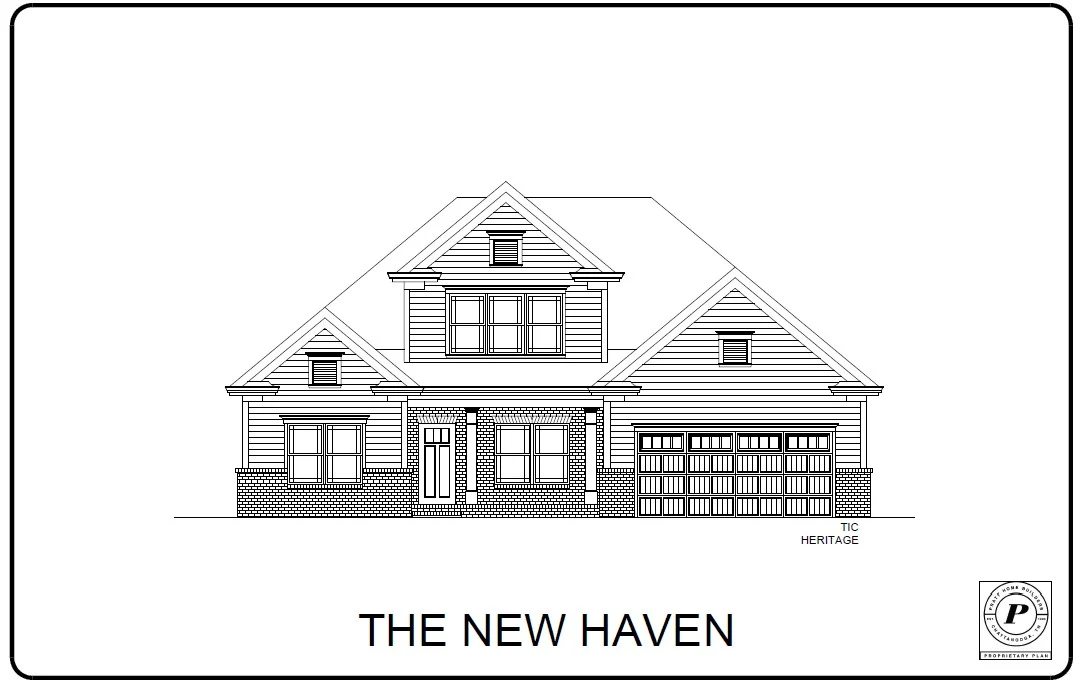Line drawing of "The New Haven" house design by Pratt Home Builders in Chattanooga, TN, featuring a two-story layout with a garage.