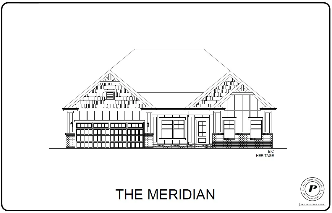 Architectural sketch of "The Meridian," a Craftsman-style home by Pratt Home Builders in Chattanooga, TN, featuring diverse rooflines and a two-car ga