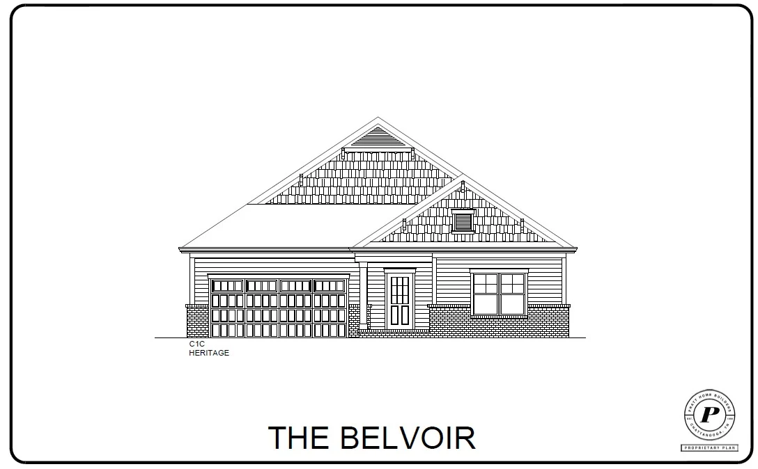 Architectural blueprint of "The Belvoir" house plan by Pratt Home Builders in Chattanooga, TN, showing a front view with garage.