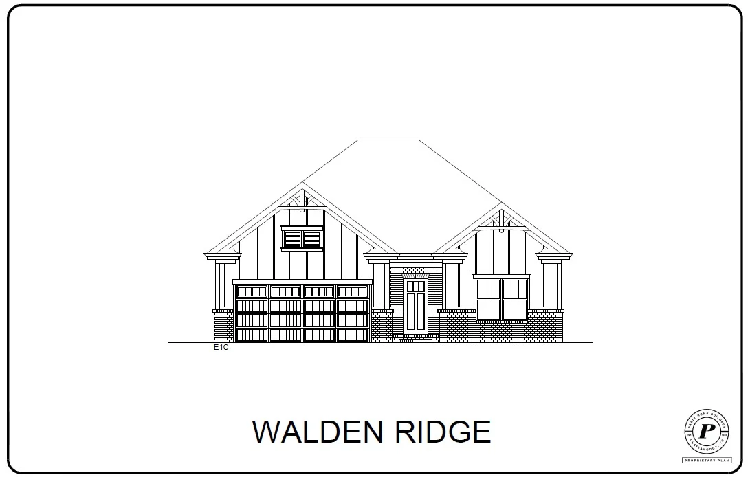 Blueprint of Walden Ridge home design by Pratt Home Builders in Chattanooga TN, featuring a gabled roof, three-car garage, and brick details.