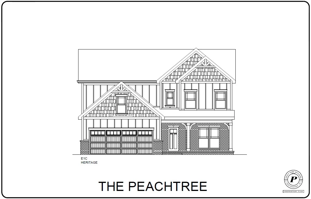 Front architectural drawing of "The Peachtree," a two-story home design by Pratt Home Builders, Chattanooga TN, featuring a garage.