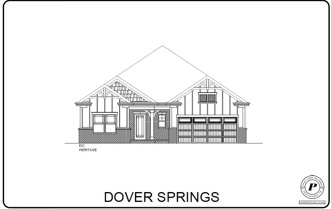 Architectural drawing of Dover Springs house by Pratt Home Builders in Chattanooga TN, featuring a gabled roof and attached garage.