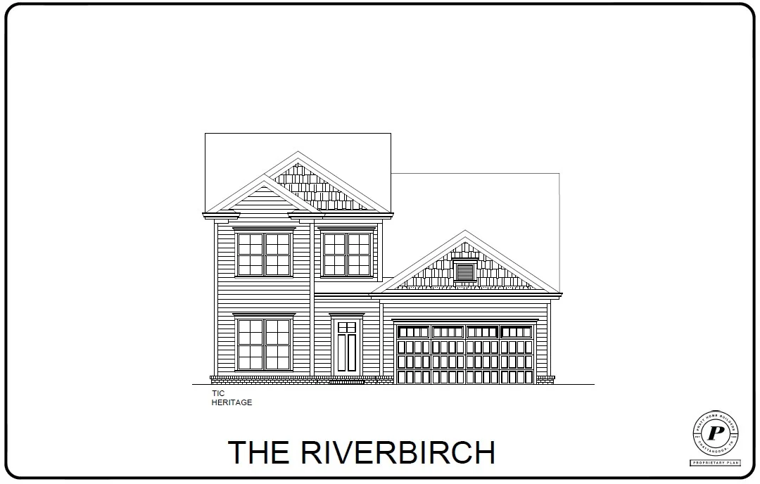 Front elevation drawing of "The Riverbirch" home design by Pratt Home Builders in Chattanooga, TN, featuring two stories and a garage.