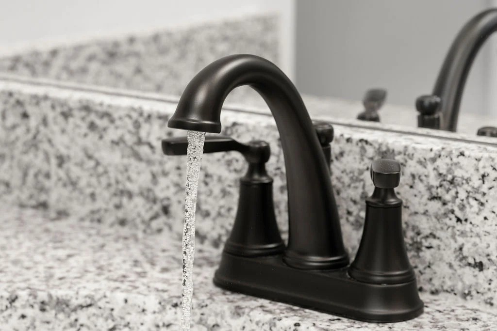 Elegant black faucet with running water, set against a speckled granite countertop. Designed by Pratt Home Builders in Chattanooga TN.