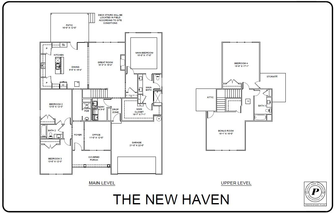 Floor plan for The New Haven by Pratt Home Builders in Chattanooga TN, featuring main and upper levels with multiple bedrooms and bathrooms.