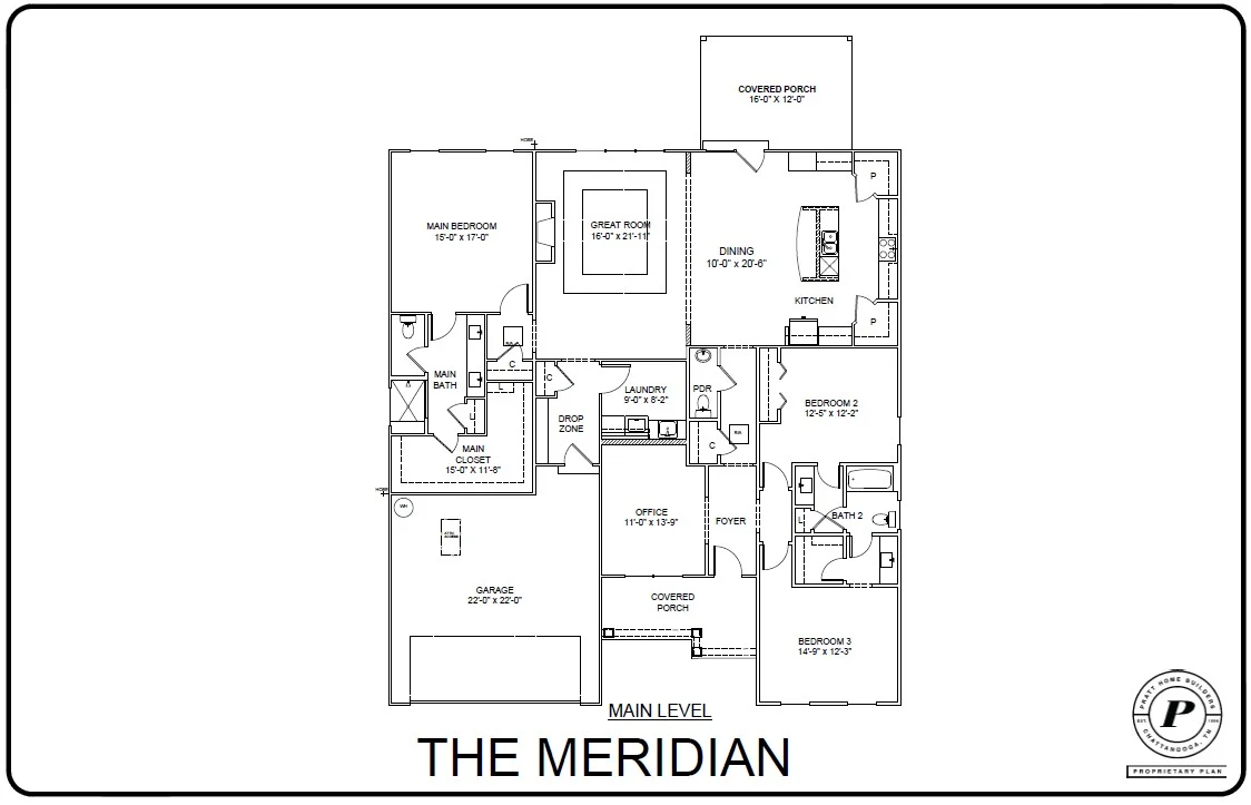 Floor plan of The Meridian by Pratt Home Builders in Chattanooga, TN, featuring 3 bedrooms, 2 baths, garage, and covered porch.