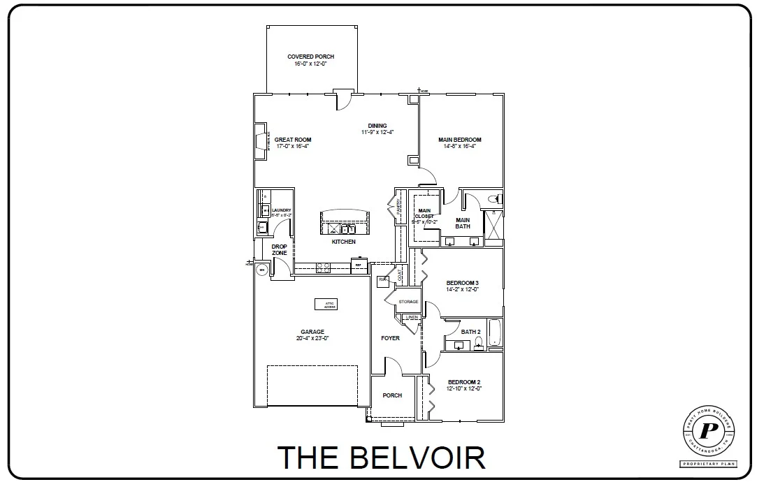 Floor plan for "The Belvoir" by Pratt Home Builders in Chattanooga TN, featuring three bedrooms, two baths, great room, covered porch, and garage.