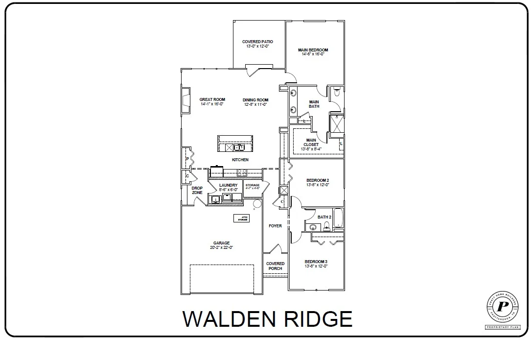 Floor plan of Walden Ridge by Pratt Home Builders in Chattanooga TN, features three bedrooms, two baths, and a garage.