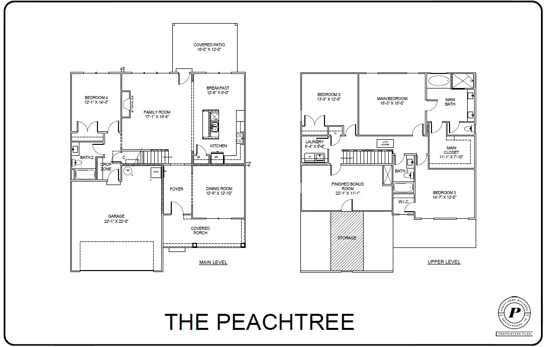 Floor plan for "The Peachtree" by Pratt Home Builders in Chattanooga TN, showing detailed room layout across main and upper levels.