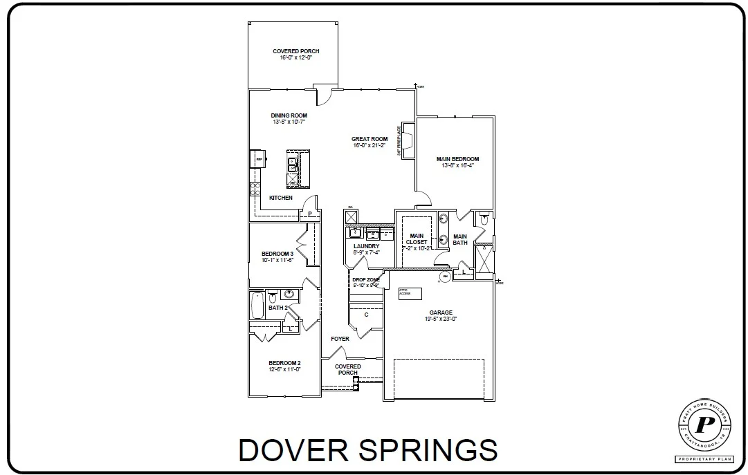 Floor plan for Dover Springs by Pratt Home Builders in Chattanooga TN, featuring three bedrooms, two baths, garage, and covered porch.