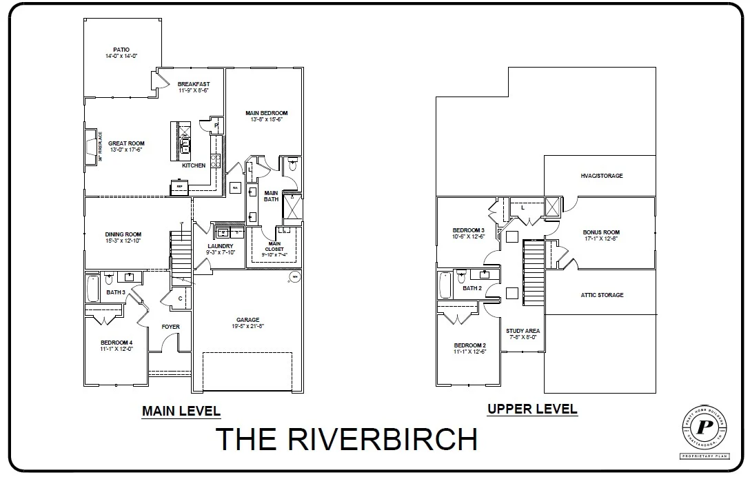 Floor plan of "The Riverbirch" by Pratt Home Builders in Chattanooga TN, featuring main and upper levels with bedrooms, baths, and bonus room.