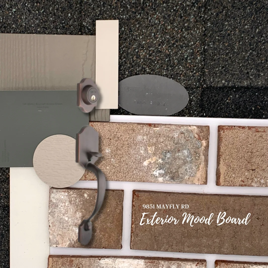 Exterior mood board featuring bricks, shingles, and color swatches by Pratt Home Builders in Chattanooga, TN.