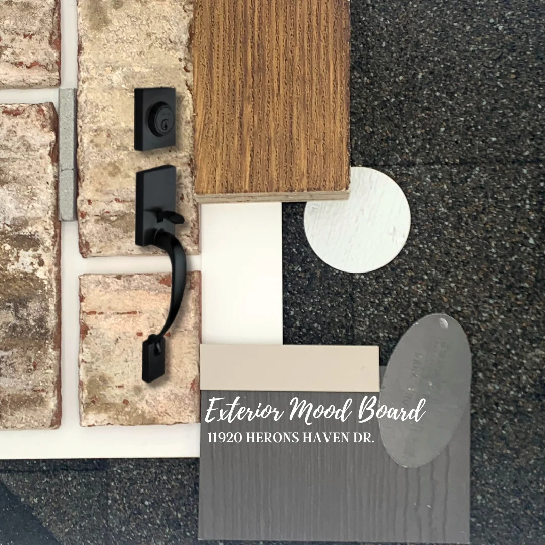 Exterior mood board featuring brick, wood, and dark hardware. Address included: 11920 Herons Haven Dr. Pratt Home Builders in Chattanooga TN.