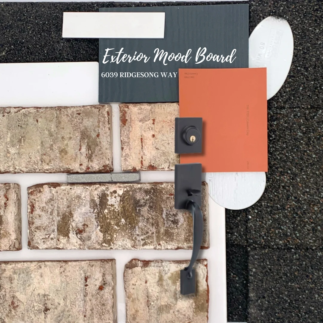 Exterior mood board with bricks, dark handle, coral paint swatch, and text "Pratt Home Builders in Chattanooga TN, 6039 Ridgesong Way" for design insp