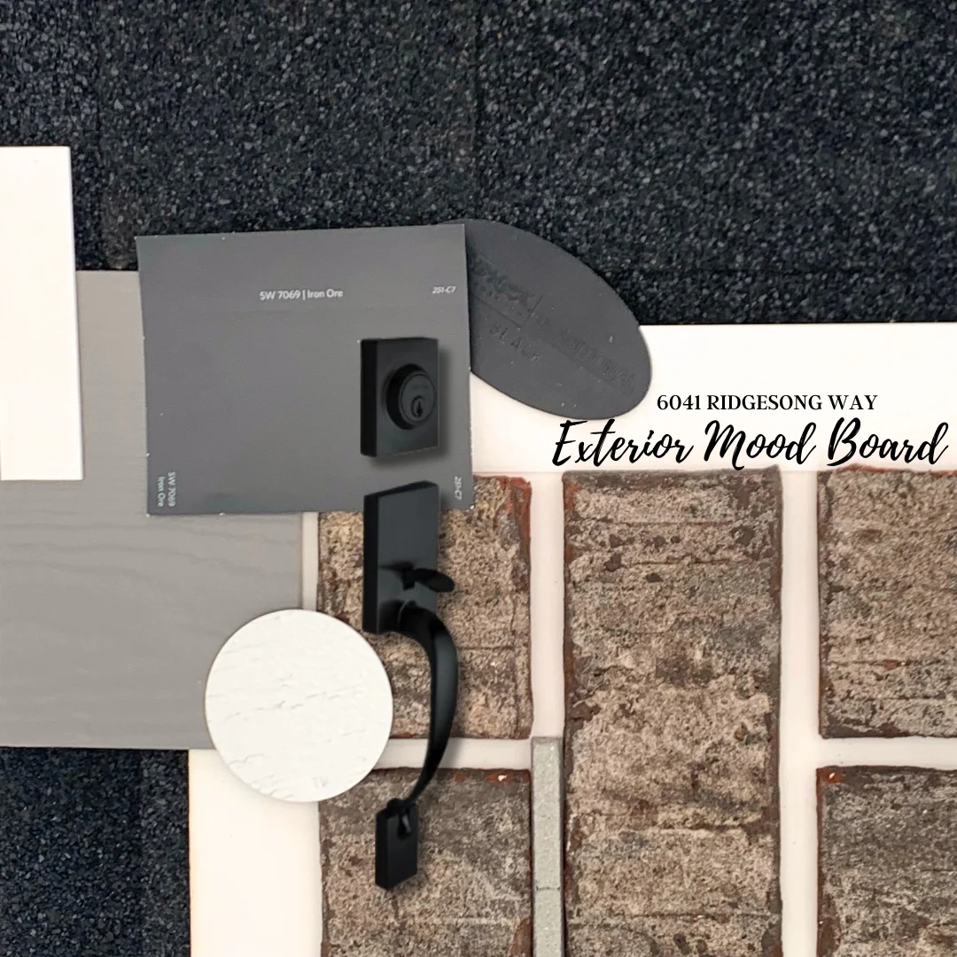 Exterior mood board featuring brick, paint samples, and hardware by Pratt Home Builders in Chattanooga TN, labeled "6041 Ridgesong Way."