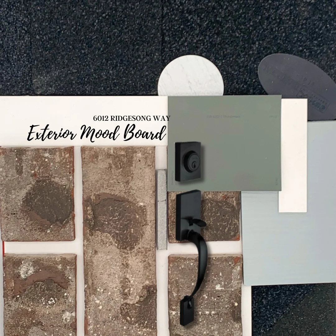 Exterior mood board featuring brick, slate, and paint samples with black handle for Pratt Home Builders in Chattanooga TN.