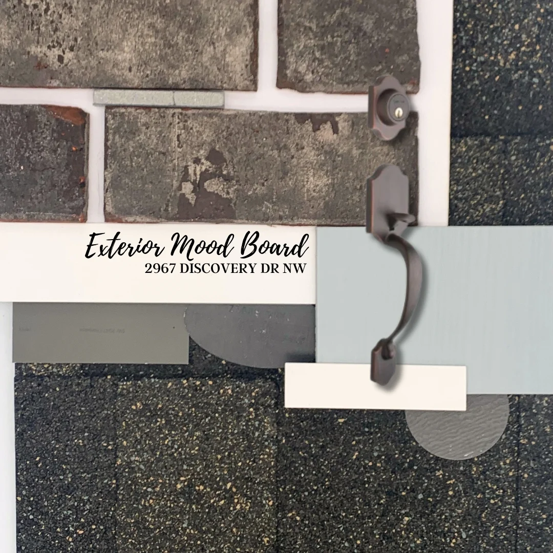Exterior mood board featuring stone, shingles, and hardware, labeled "2967 Discovery Dr NW" by Pratt Home Builders in Chattanooga TN.