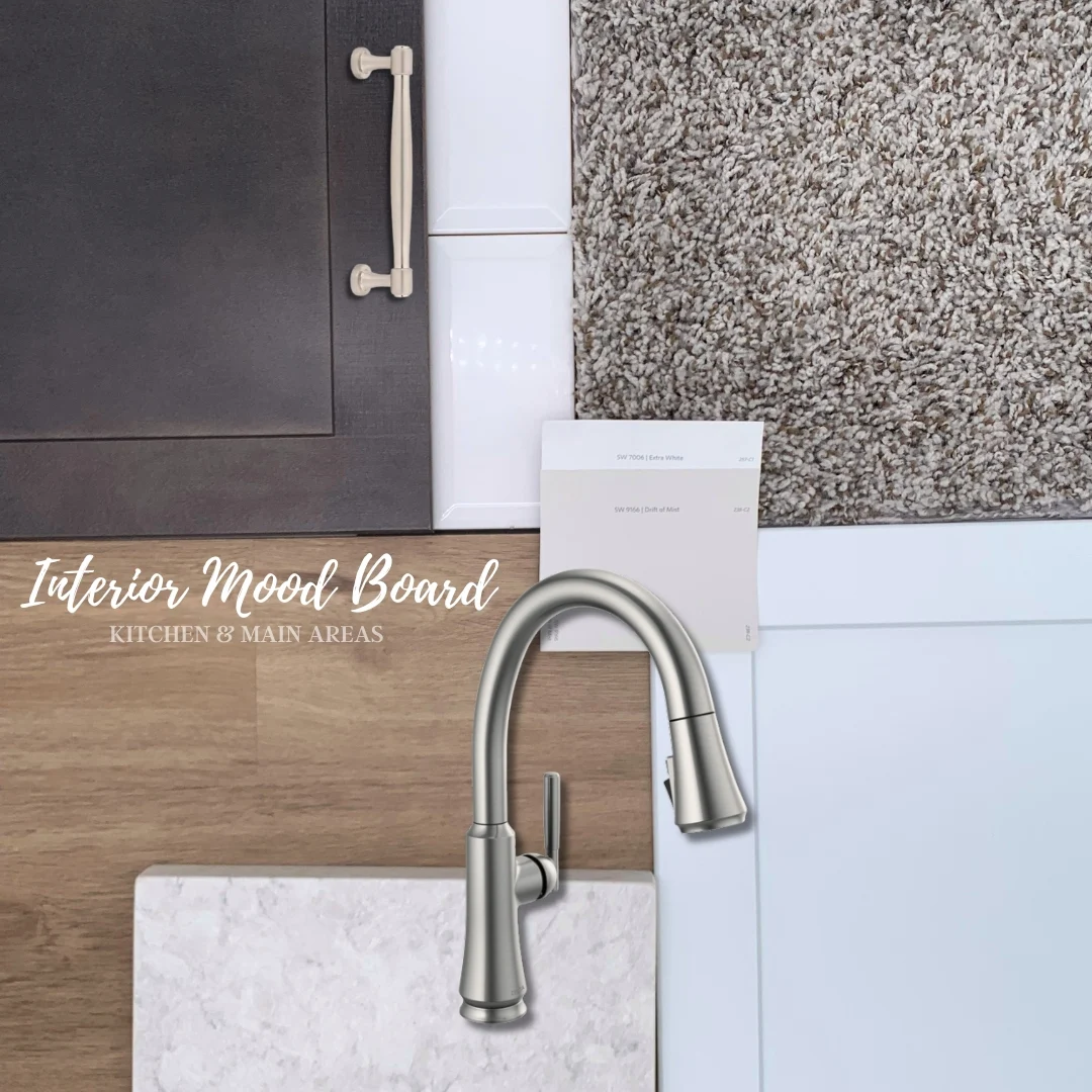 Interior mood board for kitchen and main areas featuring textures, faucet, wood, carpet, cabinetry. Designed by Pratt Home Builders in Chattanooga TN.