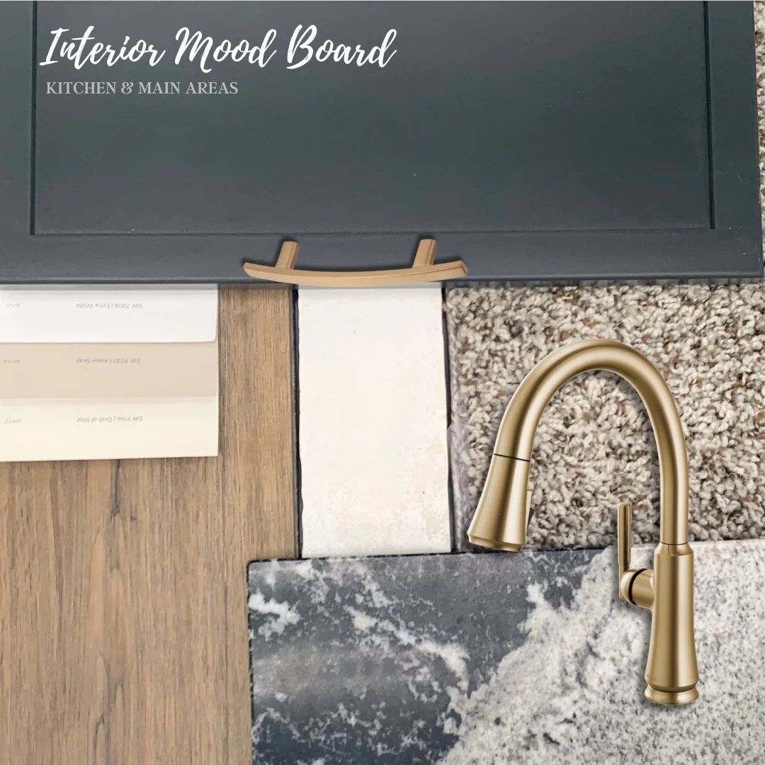 Interior mood board featuring dark cabinetry, neutral swatches, wood, and a gold faucet by Pratt Home Builders in Chattanooga TN.