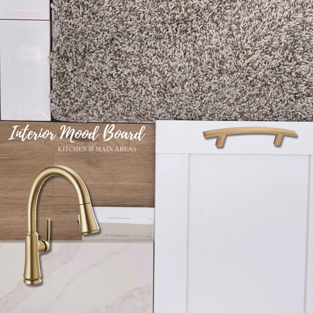 Interior mood board featuring textured carpet, light wood, gold faucet, and cabinet handle for Pratt Home Builders in Chattanooga TN.