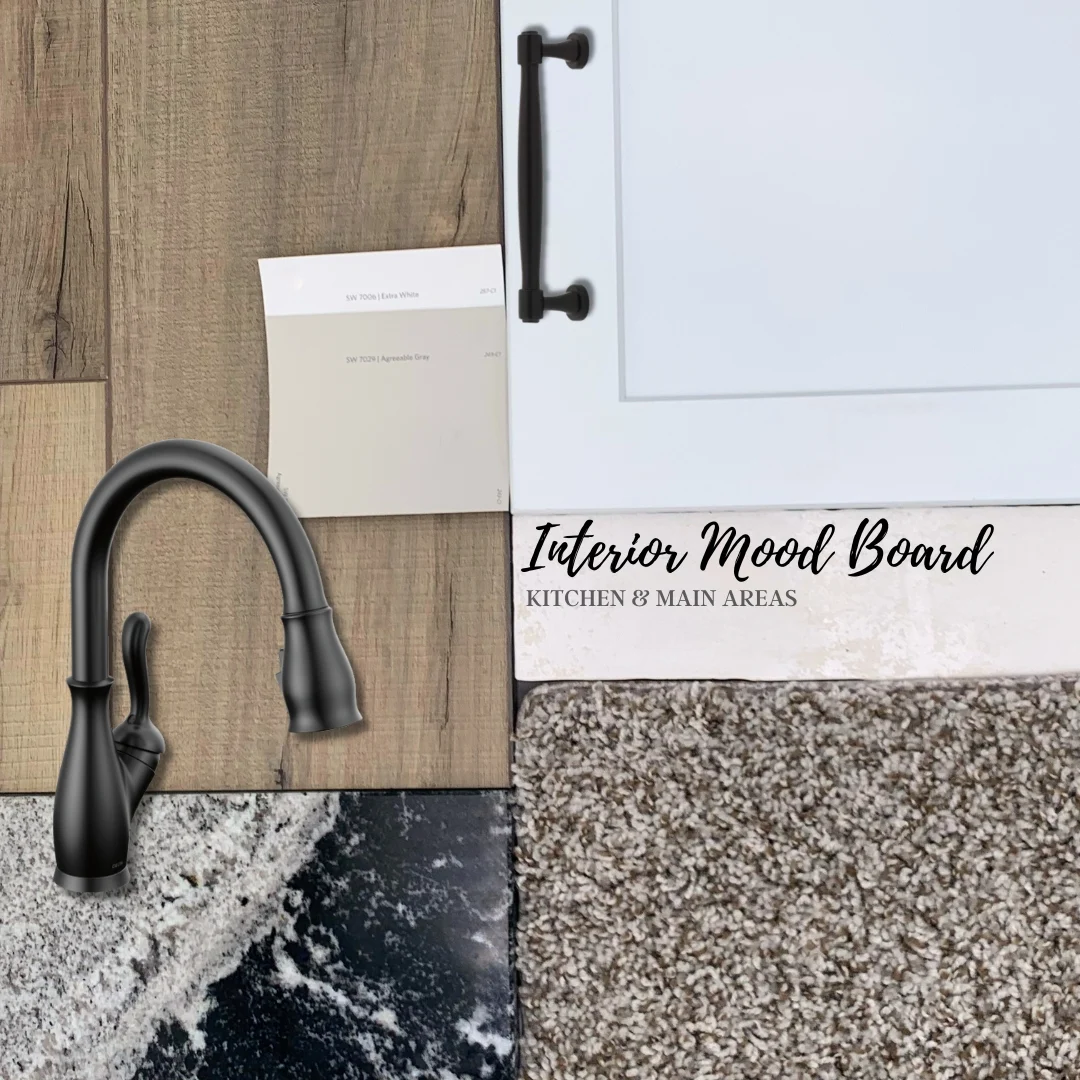 Interior mood board featuring wood, stone, and carpet samples with a black faucet. Pratt Home Builders in Chattanooga TN design elements.