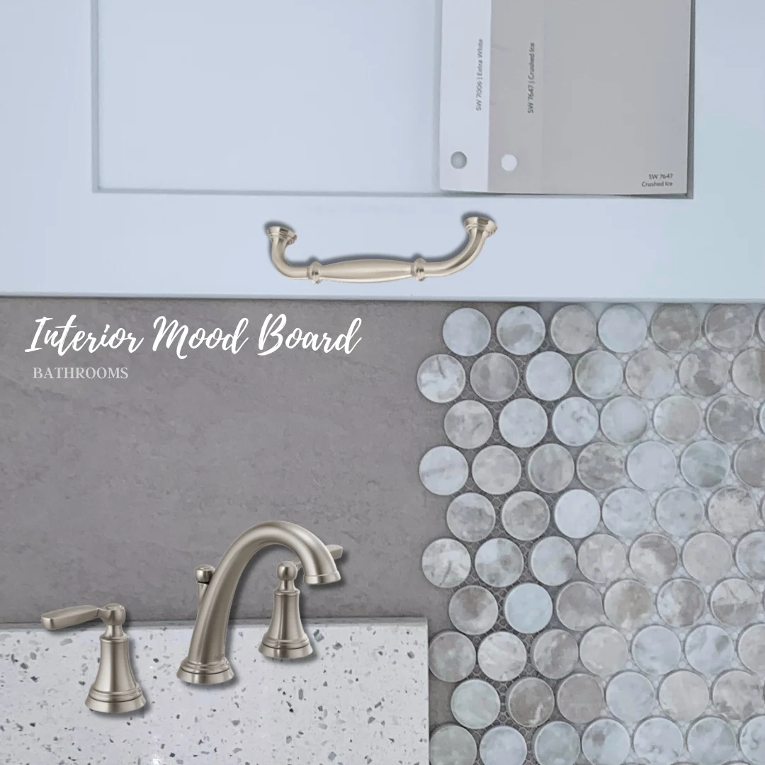 Interior mood board featuring a silver faucet, round tiles, light cabinet sample, and handle. Created by Pratt Home Builders in Chattanooga TN.