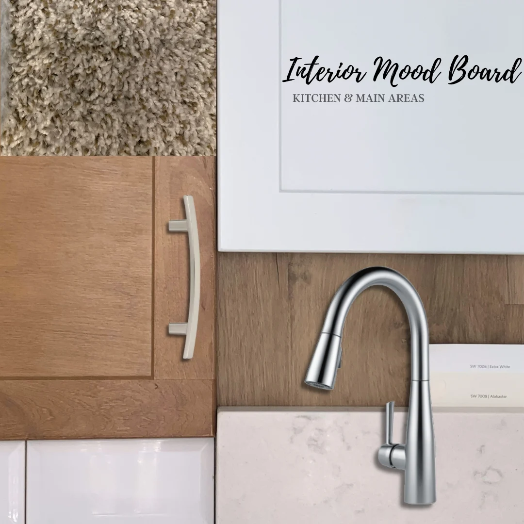 Interior mood board showcasing carpet, wood, marble, a sleek faucet, and cabinetry. Design by Pratt Home Builders in Chattanooga TN.