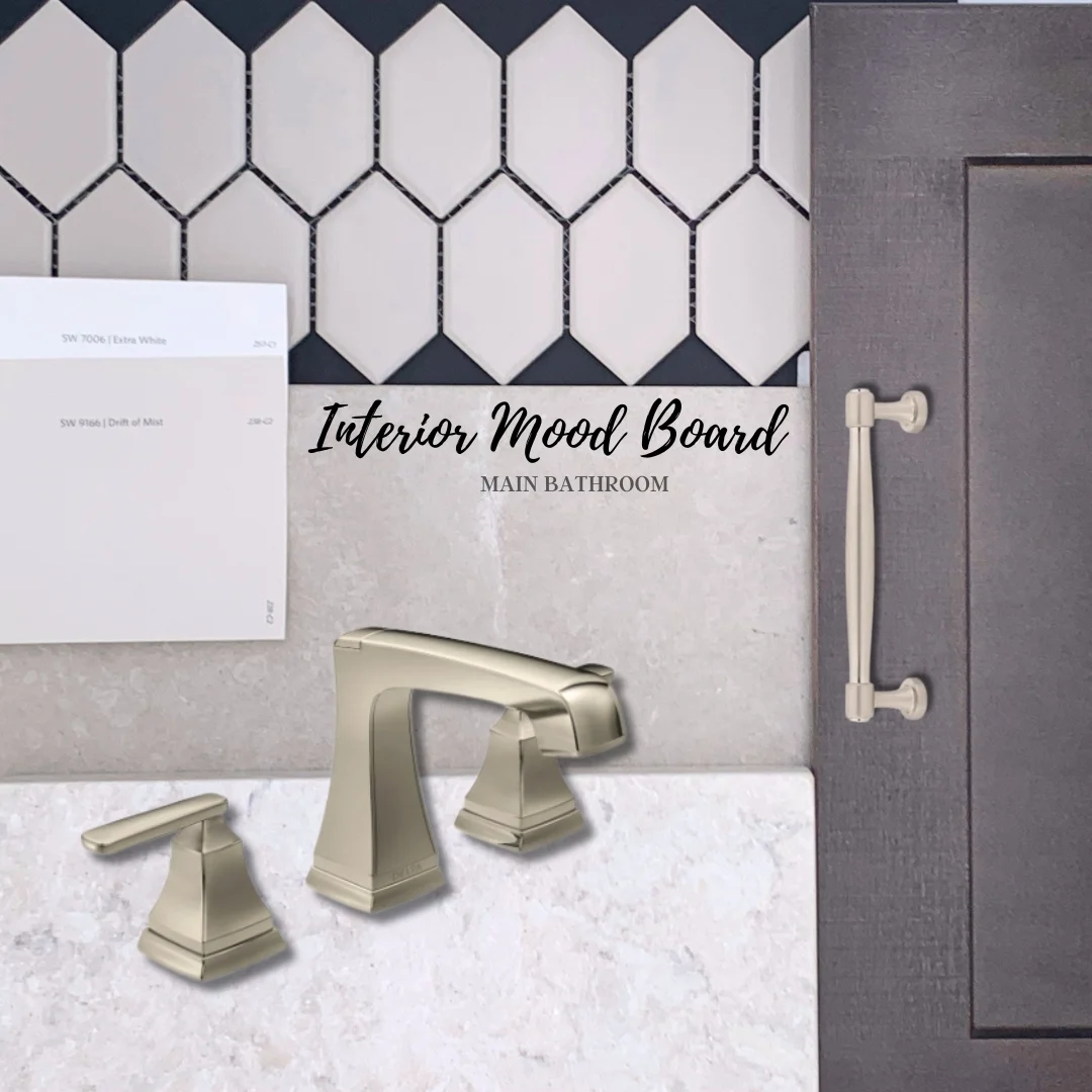 Bathroom mood board featuring hexagonal tiles, faucet, cabinet handle, and paint swatches by Pratt Home Builders in Chattanooga TN.
